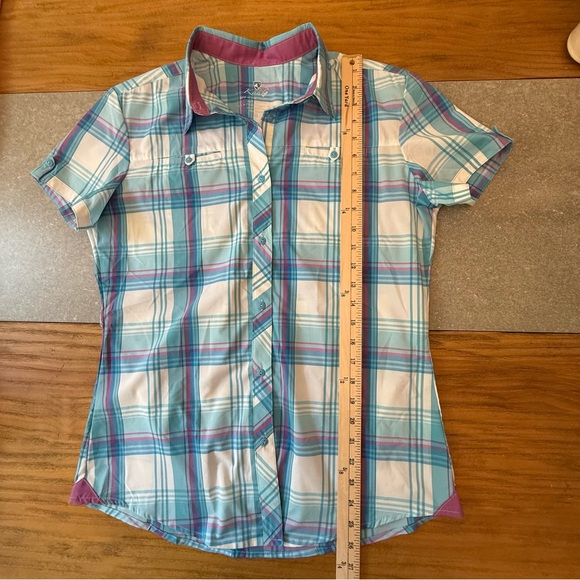 KUHL Women’s Plaid Button Up Short Sleeve Hiking Shirt Blue White Purple Medium - Picture 6 of 12
